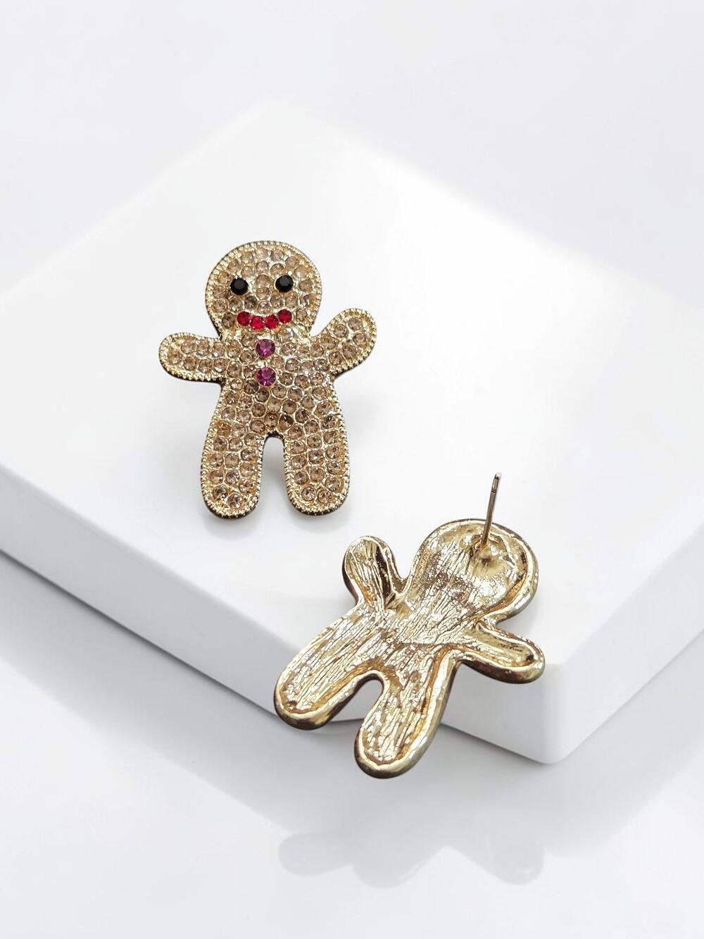 Festive Rhinestones Crystals Statement  Gingerbread Man Metal Earrings